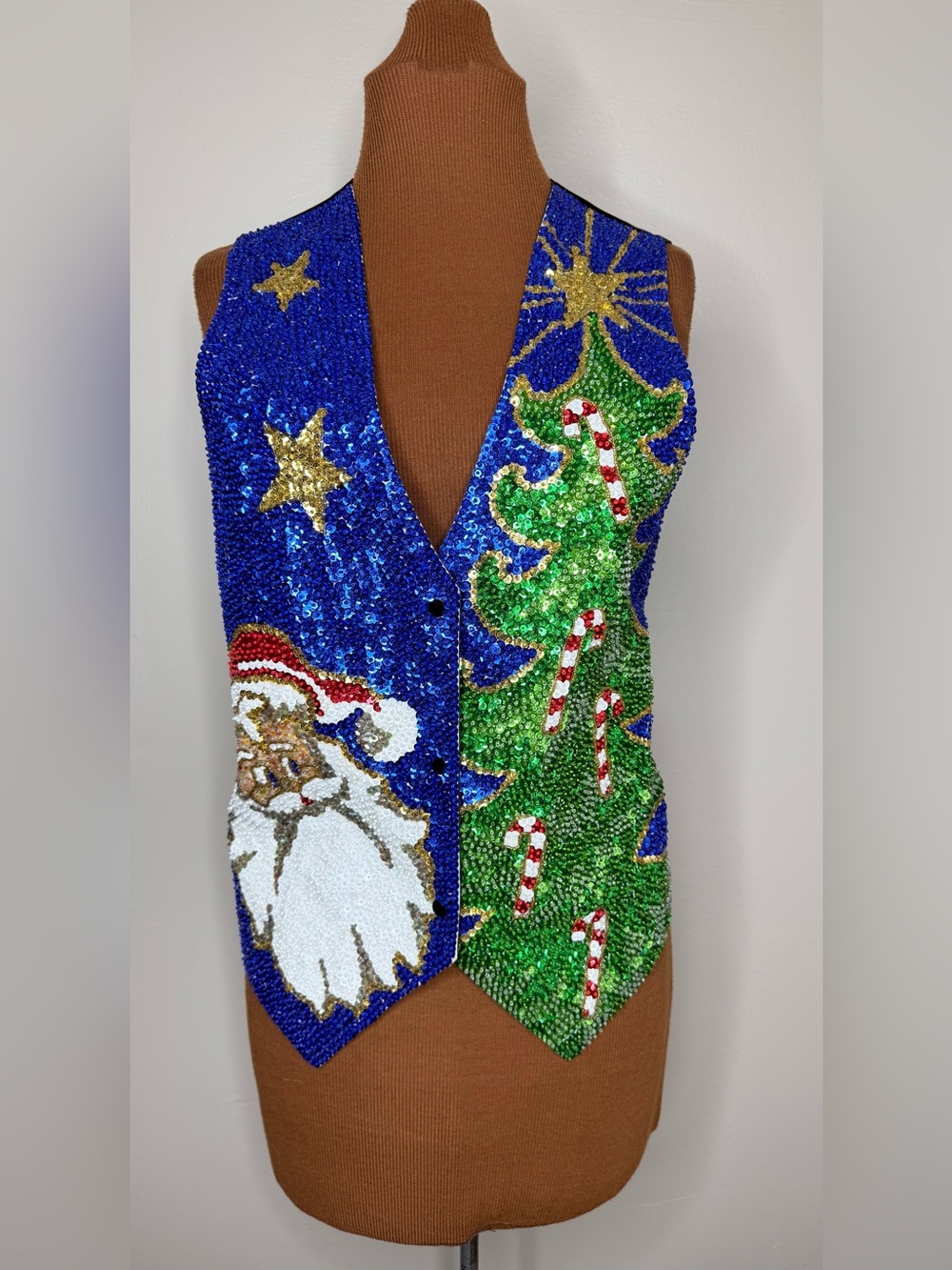 Fashion Fantasy Sequin Holiday Vest with Santa & Tree Blue/Green Vintage Size Sm